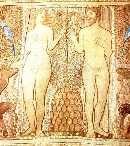Rare Morris & Co style large Arts & Crafts Secessionist needlework hanging Adam & Eve
