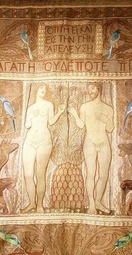 Rare Morris & Co style large Arts & Crafts Secessionist needlework hanging Adam & Eve