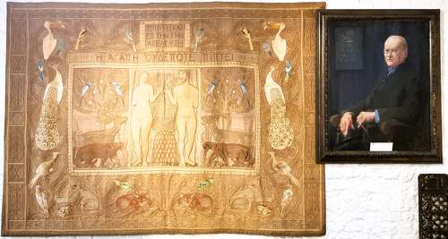 Rare Morris & Co style large Arts & Crafts Secessionist needlework hanging Adam & Eve