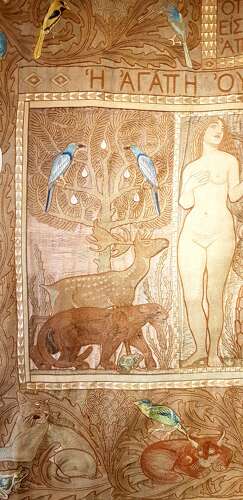 Rare Morris & Co style large Arts & Crafts Secessionist needlework hanging Adam & Eve