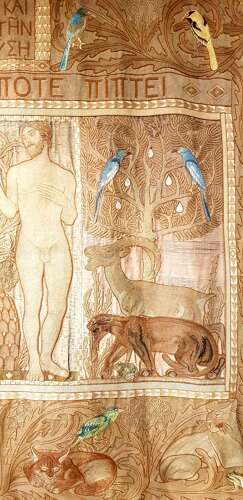 Rare Morris & Co style large Arts & Crafts Secessionist needlework hanging Adam & Eve
