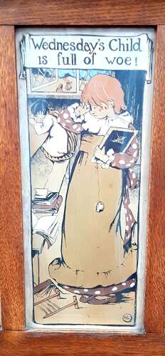 Oak Arts & Crafts Liberty style 7 days of the week nursery prints over mantle