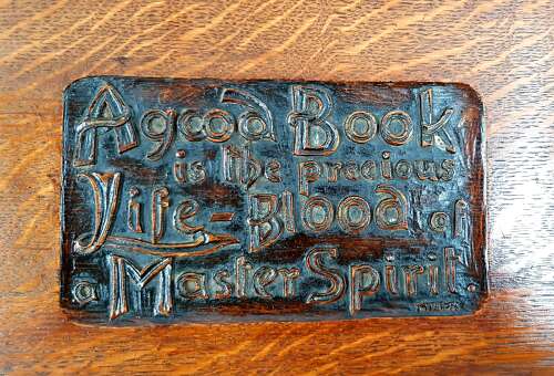 Unusual Arts & Crafts Quaint quarter sawn carved oak motto occasional table John Milton