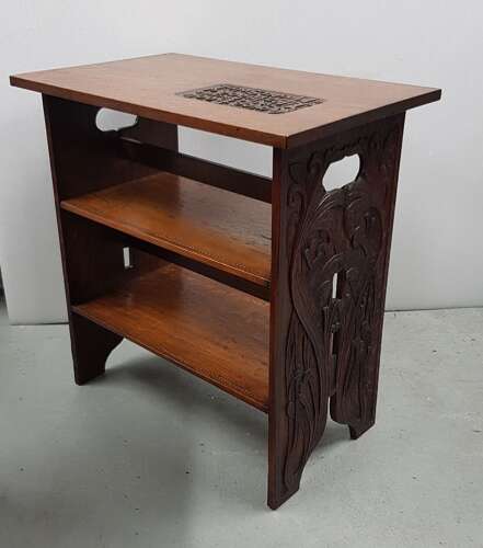 Unusual Arts & Crafts Quaint quarter sawn carved oak motto occasional table John Milton