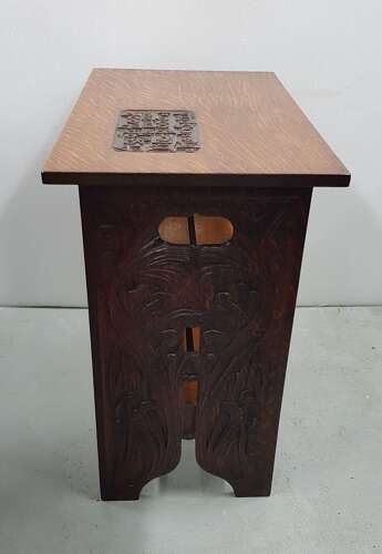 Unusual Arts & Crafts Quaint quarter sawn carved oak motto occasional table John Milton