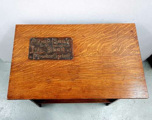 Unusual Arts & Crafts Quaint quarter sawn carved oak motto occasional table John Milton