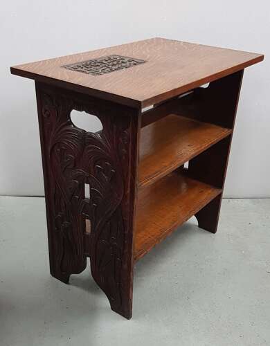 Unusual Arts & Crafts Quaint quarter sawn carved oak motto occasional table John Milton