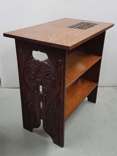 Unusual Arts & Crafts Quaint quarter sawn carved oak motto occasional table John Milton