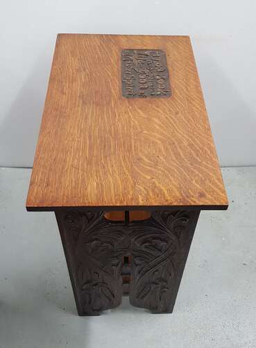 Unusual Arts & Crafts Quaint quarter sawn carved oak motto occasional table John Milton