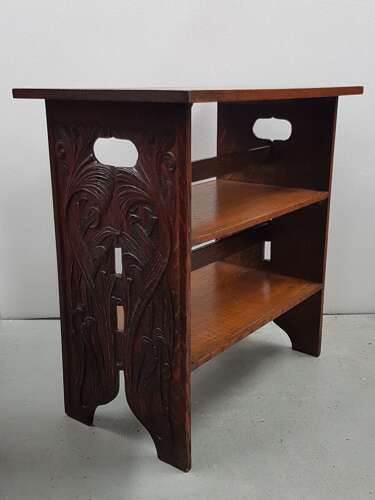 Unusual Arts & Crafts Quaint quarter sawn carved oak motto occasional table John Milton