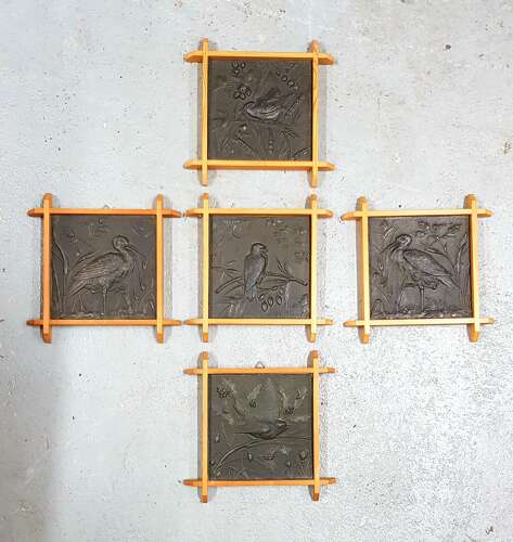 A rare set of five Aesthetic Movement Arts & Crafts metallic tiles by Wright & Fletcher