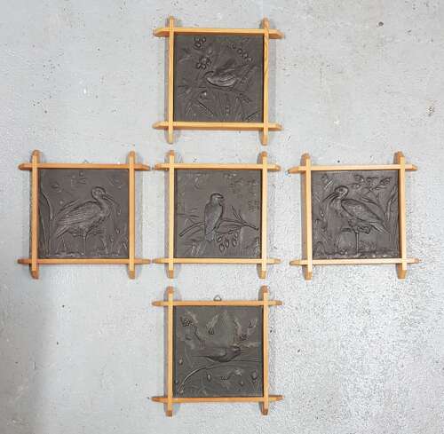 A rare set of five Aesthetic Movement Arts & Crafts metallic tiles by Wright & Fletcher
