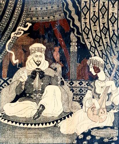 Unusual early 20C Arabian Nights Orientalist style pen and ink on panel signed dated 1937