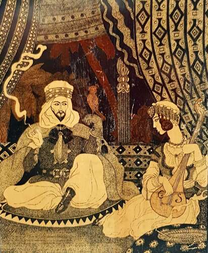Unusual early 20C Arabian Nights Orientalist style pen and ink on panel signed dated 1937
