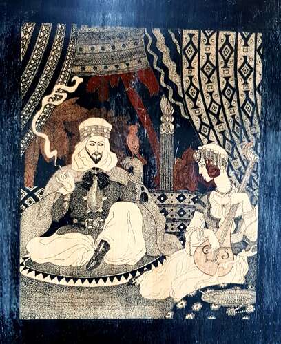 Unusual early 20C Arabian Nights Orientalist style pen and ink on panel signed dated 1937