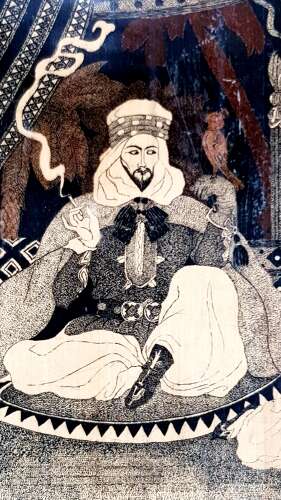 Unusual early 20C Arabian Nights Orientalist style pen and ink on panel signed dated 1937