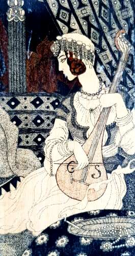 Unusual early 20C Arabian Nights Orientalist style pen and ink on panel signed dated 1937