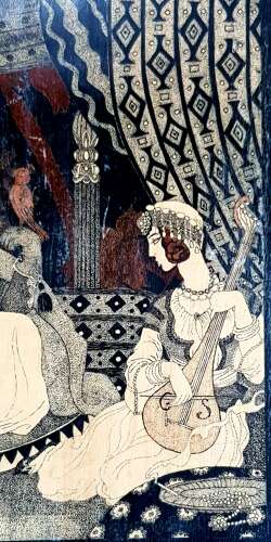 Unusual early 20C Arabian Nights Orientalist style pen and ink on panel signed dated 1937