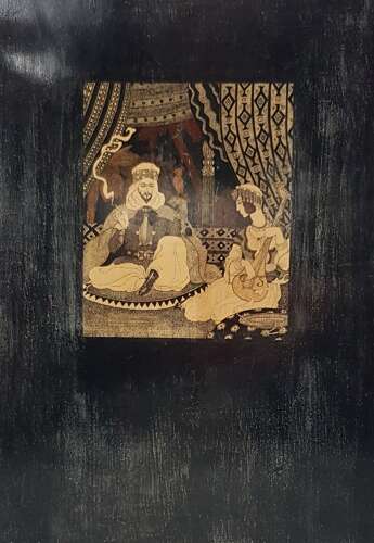 Unusual early 20C Arabian Nights Orientalist style pen and ink on panel signed dated 1937