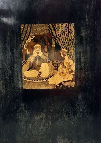 Unusual early 20C Arabian Nights Orientalist style pen and ink on panel signed dated 1937