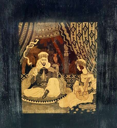 Unusual early 20C Arabian Nights Orientalist style pen and ink on panel signed dated 1937