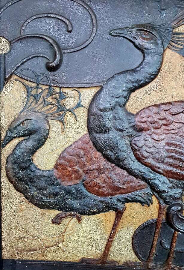 Rare original example Arts & Crafts Art Nouveau wide polychromatic Anaglypta peacock panel