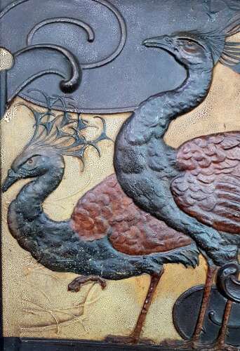 Rare original example Arts & Crafts Art Nouveau wide polychromatic Anaglypta peacock panel