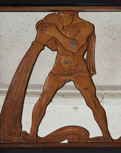Rare Selfridges Art Deco bronzed Aquarious lift panel Birmingham Guild of Handicraft