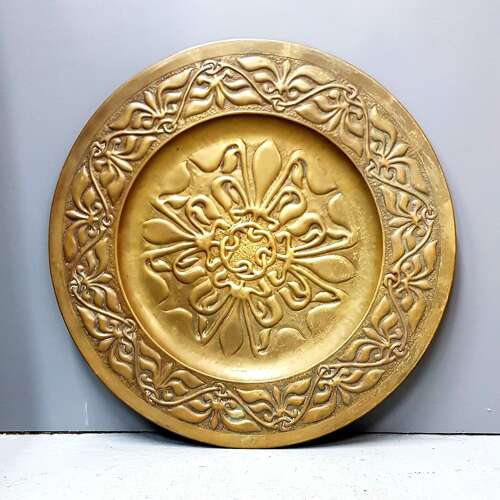 Rare Alexander Ritchie of Iona Arts & Crafts Glasgow Style large brass charger