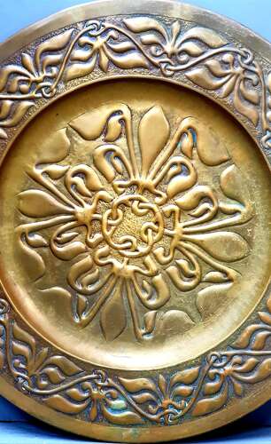 Rare Alexander Ritchie of Iona Arts & Crafts Glasgow Style large brass charger