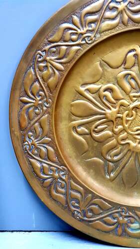 Rare Alexander Ritchie of Iona Arts & Crafts Glasgow Style large brass charger
