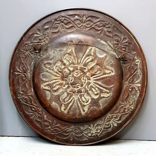 Rare Alexander Ritchie of Iona Arts & Crafts Glasgow Style large brass charger