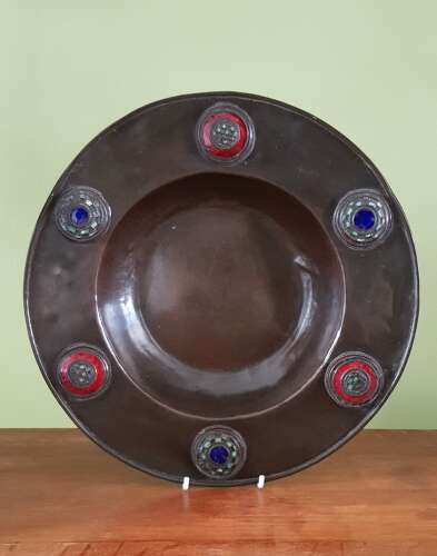 Rare Mabel Bendall Birmingham Arts & Crafts signed copper and enamel dish exhibition piece