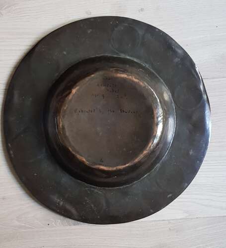 Rare Mabel Bendall Birmingham Arts & Crafts signed copper and enamel dish exhibition piece