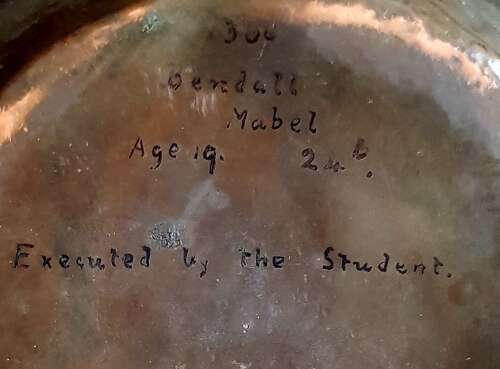 Rare Mabel Bendall Birmingham Arts & Crafts signed copper and enamel dish exhibition piece