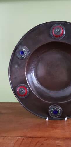 Rare Mabel Bendall Birmingham Arts & Crafts signed copper and enamel dish exhibition piece