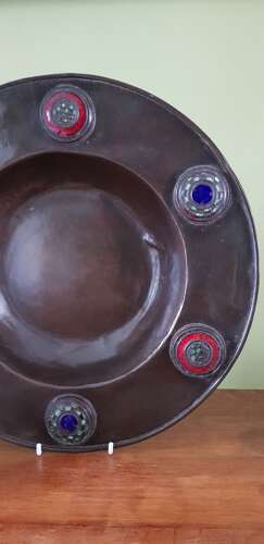 Rare Mabel Bendall Birmingham Arts & Crafts signed copper and enamel dish exhibition piece