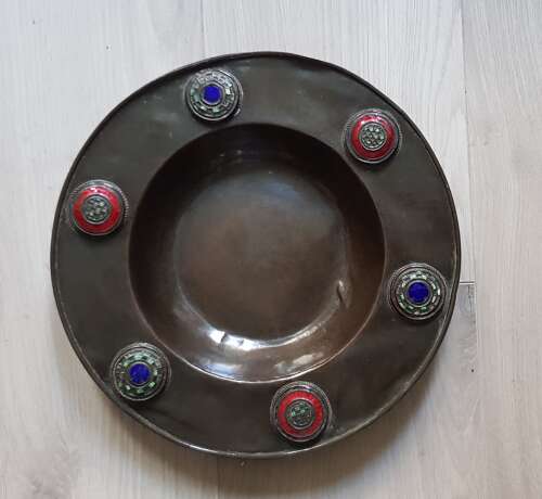 Rare Mabel Bendall Birmingham Arts & Crafts signed copper and enamel dish exhibition piece