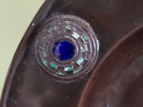 Rare Mabel Bendall Birmingham Arts & Crafts signed copper and enamel dish exhibition piece